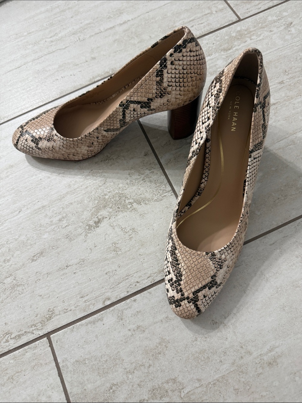 Cole Haan Pink-Tan Snake Print Block Heel Pumps ..new.. size 9B